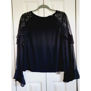 White House Black Market M Lace Shoulder Lace Trim LS Sleeve‎ Black Top  Blouse
